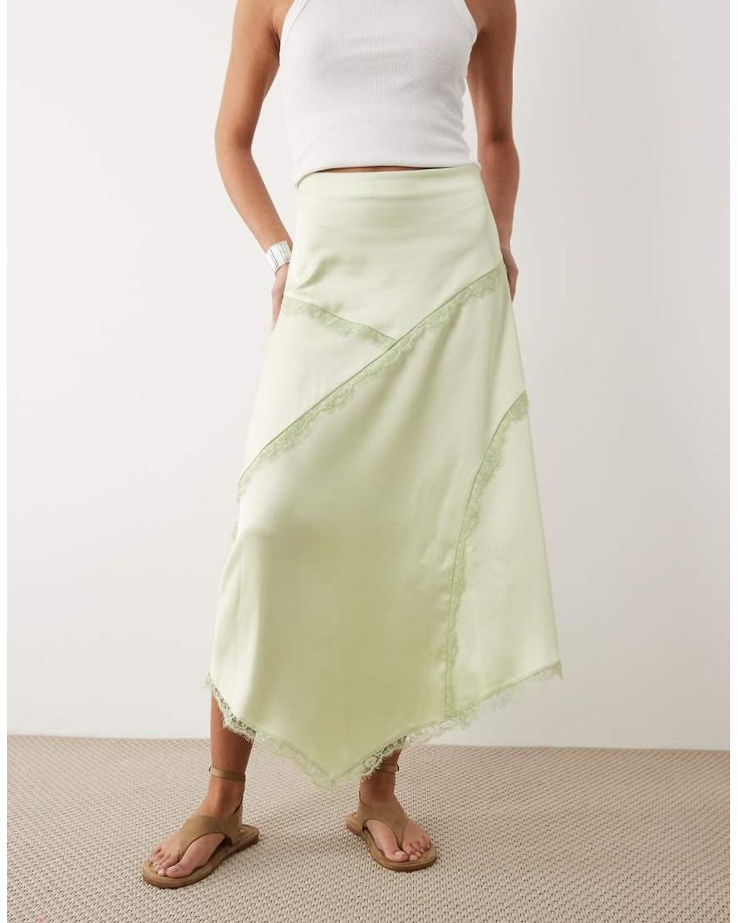 ASOS Green Satin Asymmetric Maxi Skirt With Lace Detail