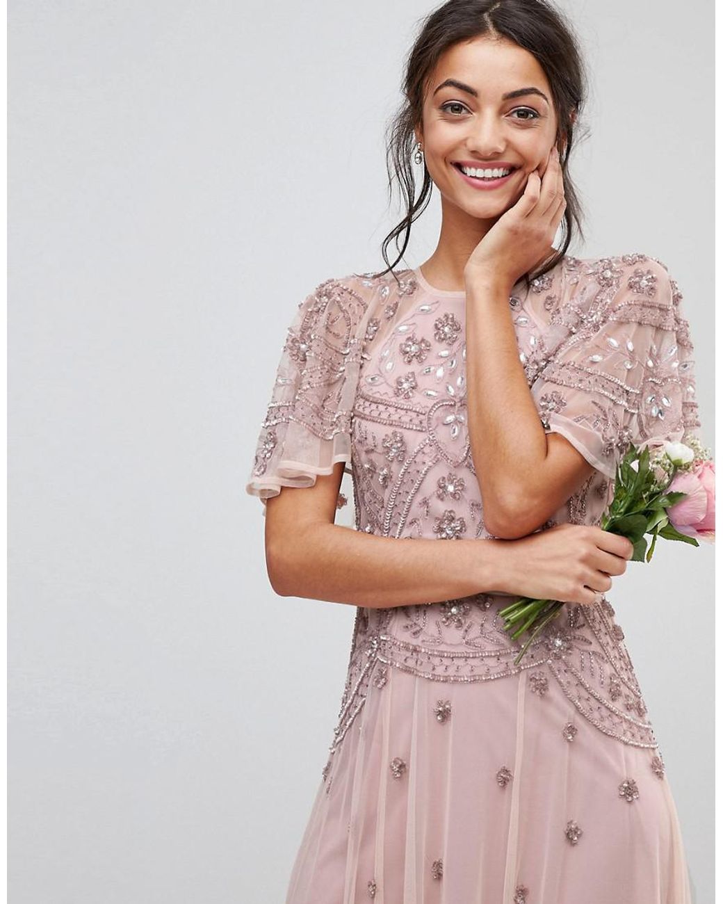 asos design bridesmaid pleated bodice maxi dress with flutter sleeve ASOS DESIGN flutter sleeve midi dress with pleat skirt in embroidery,  Silver/Lilac