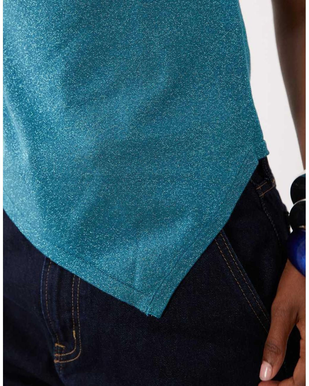 Mango Blue Teen Cowl Neck Shimmer Asymetric Hem Top