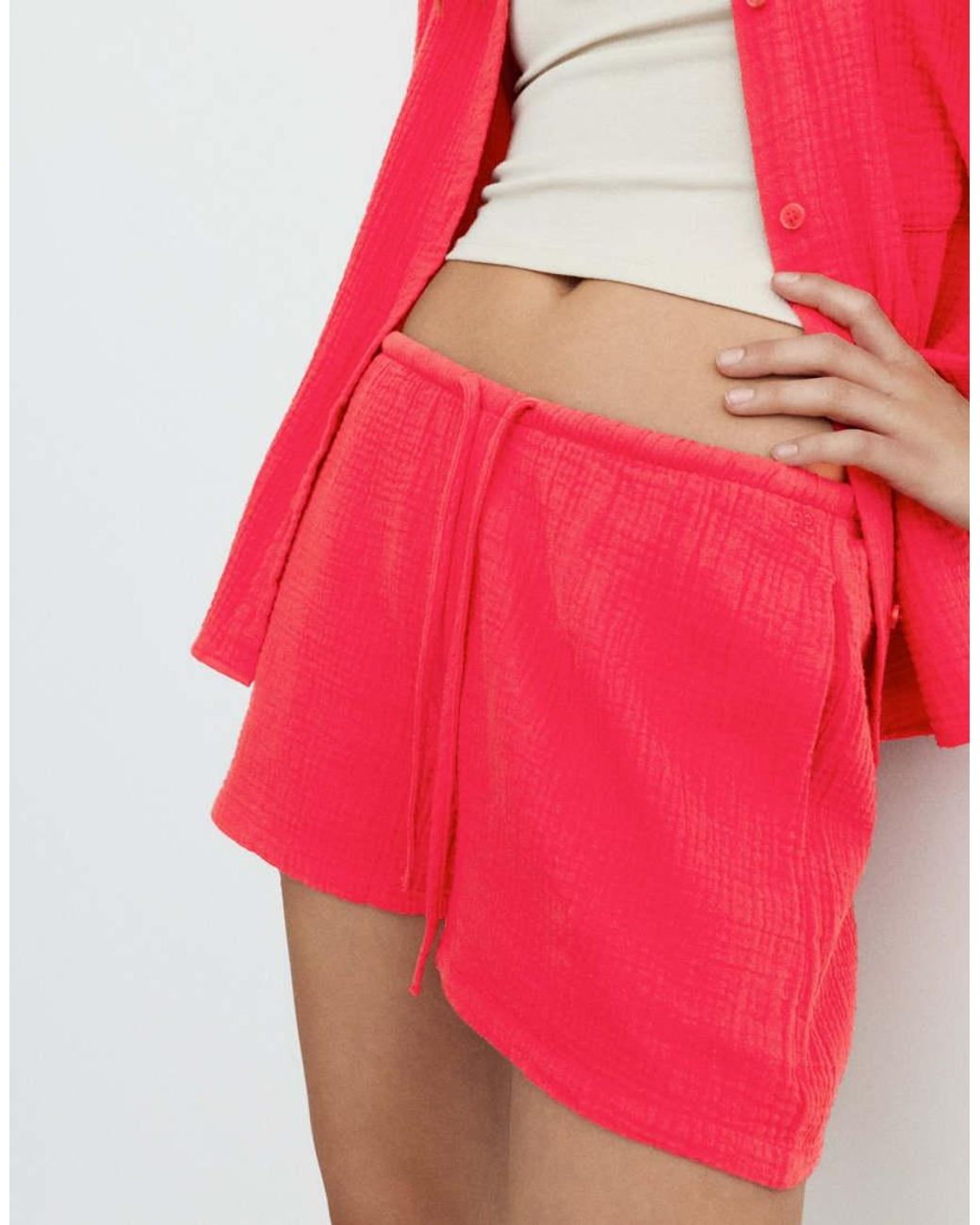 Pull&Bear Red Textu Cotton Shorts