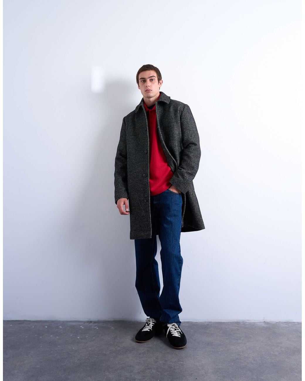 Topman Black Herringbone Wool Blend Overcoat for men