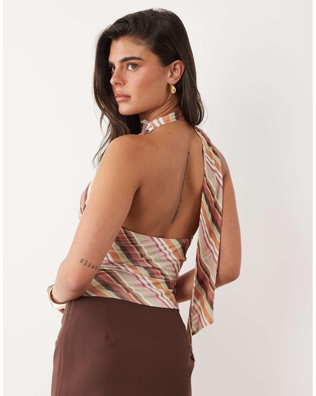ASOS Brown Scarf Detail V Neck Stripe Mesh Top