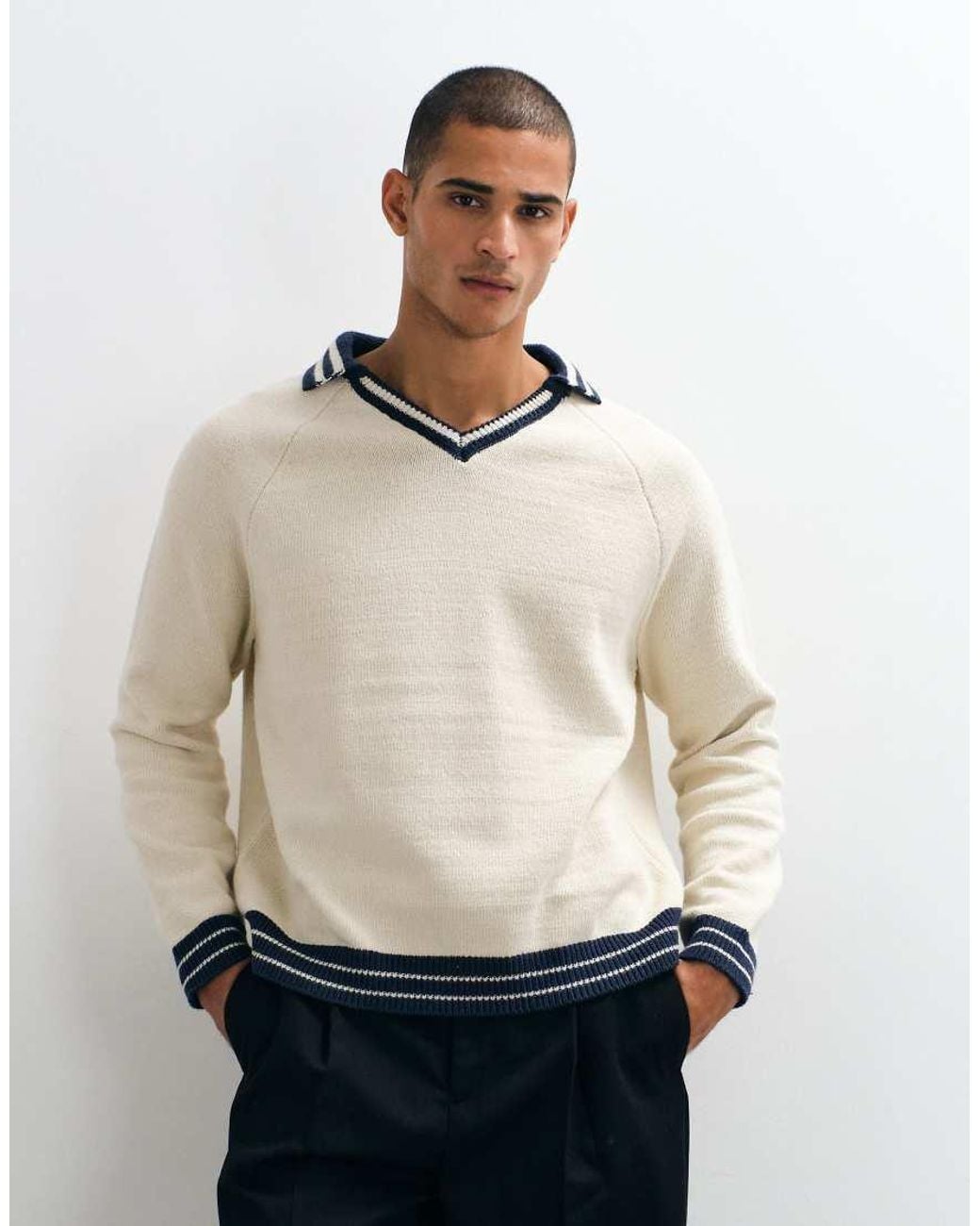 ASOS White Oversized Knitted V Neck Ringer for men