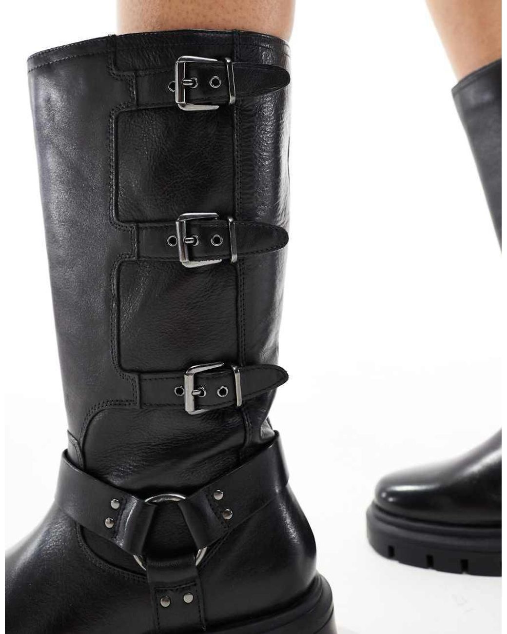 OFF THE HOOK Black 'Mauley' Lotus High-Ankle Anti Slip Heel Leather Mid Calf Boots