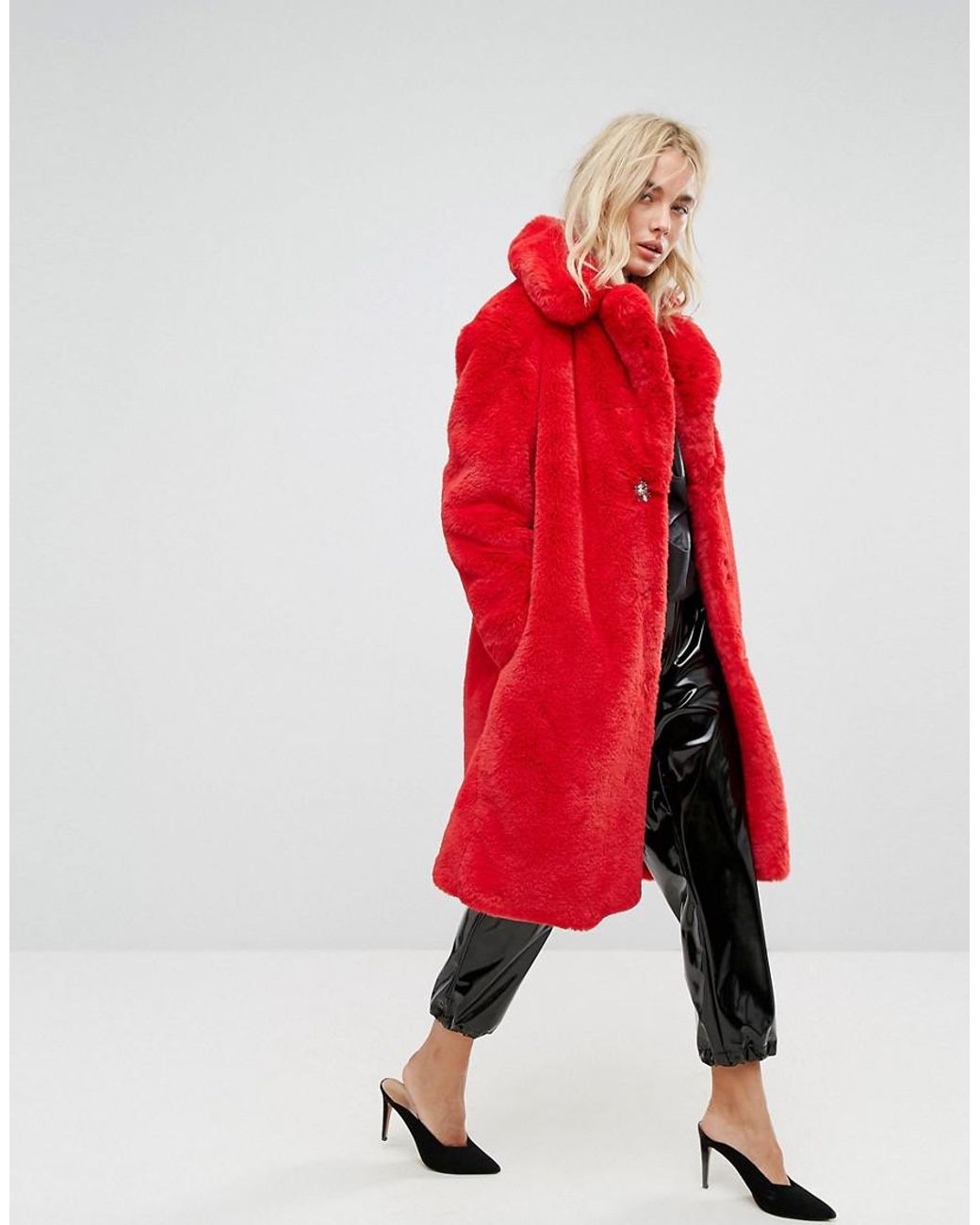 Asos red fur coat sale