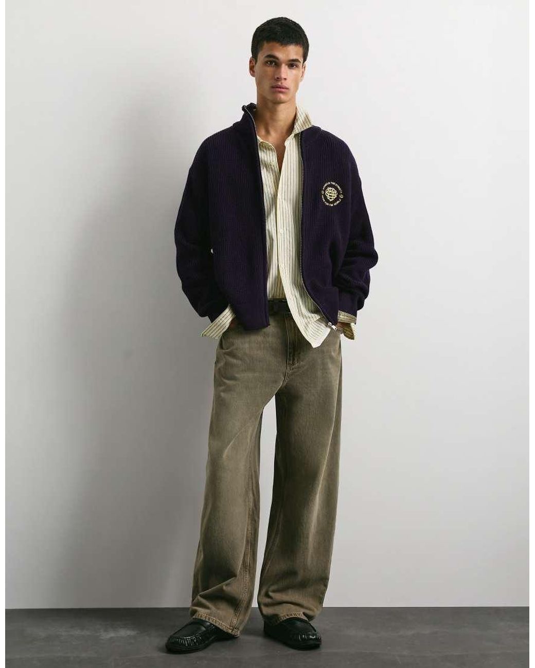 Pull&Bear Black Embroidered Zip Cardigan for men