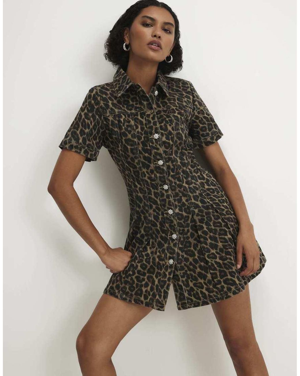 River Island Brown Leopard Print Pleat Front Denim Dress