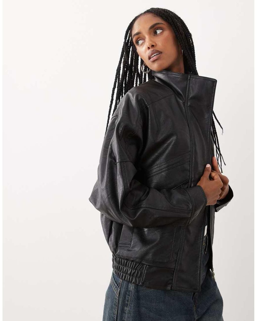 Cotton On Black Faux Leather Funnel Neck Bomber