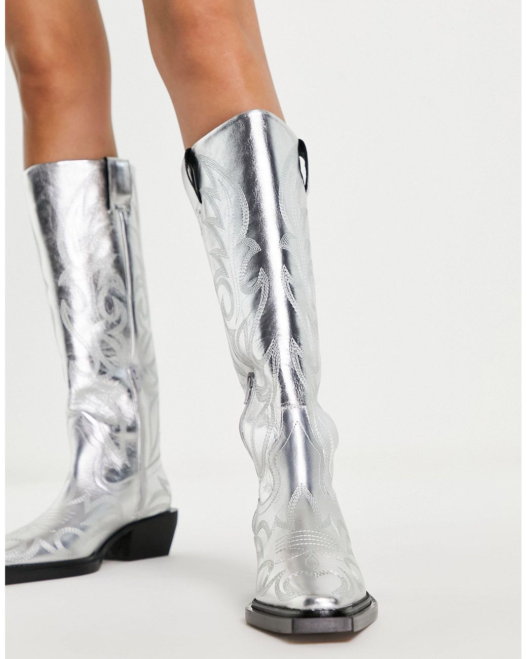 TOPSHOP Texas Premium Leather Knee High Western Boots in Metallic | Lyst