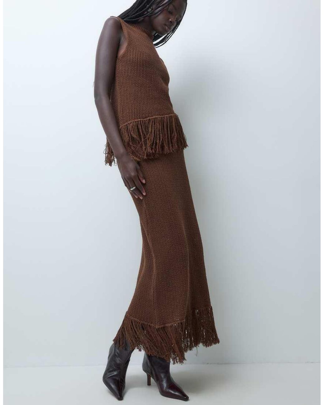 Miss Selfridge Brown Knitted Midi Skirt With Fringing
