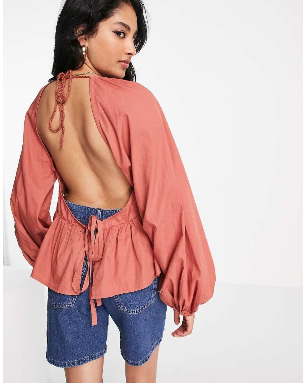 ASOS Red Long Sleeve Top With Crochet Detail And Tie Waist