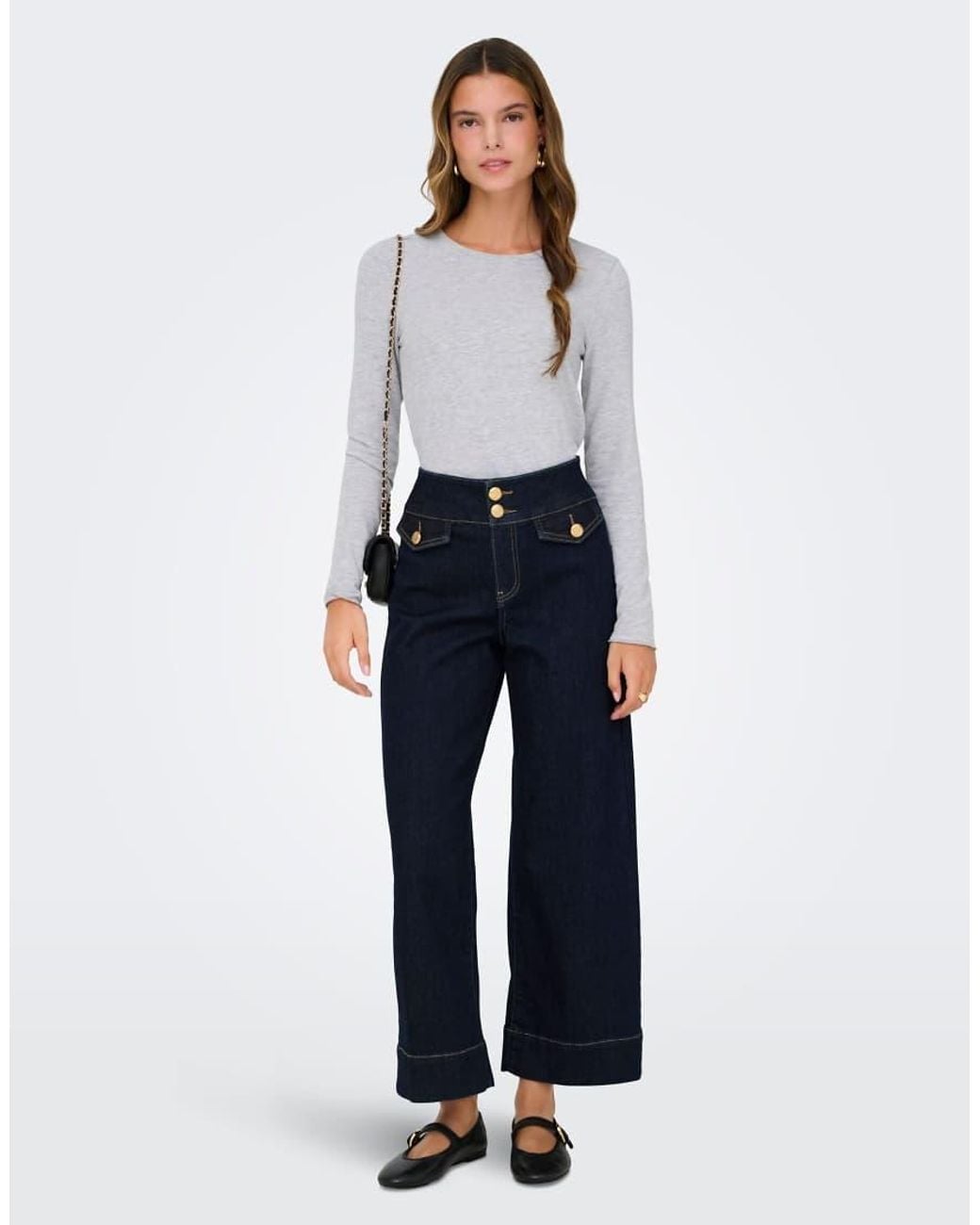ONLY Blue Emilia High Waisted Cropped Gold-tone Button Jeans