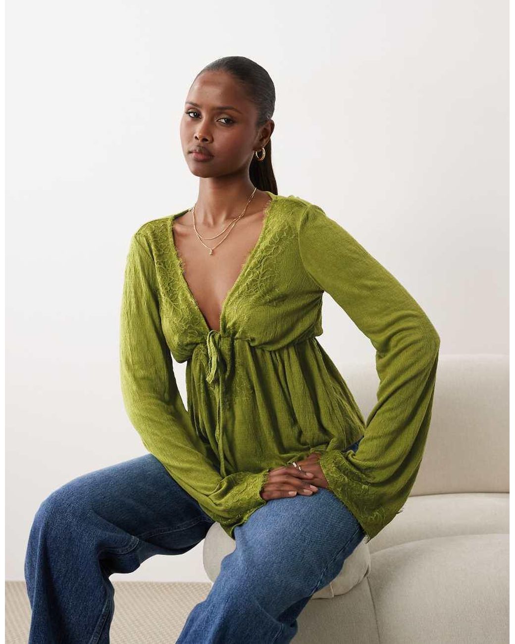 ASOS Green Crinkle Lace Trim Plunge Top With Flare Sleeve