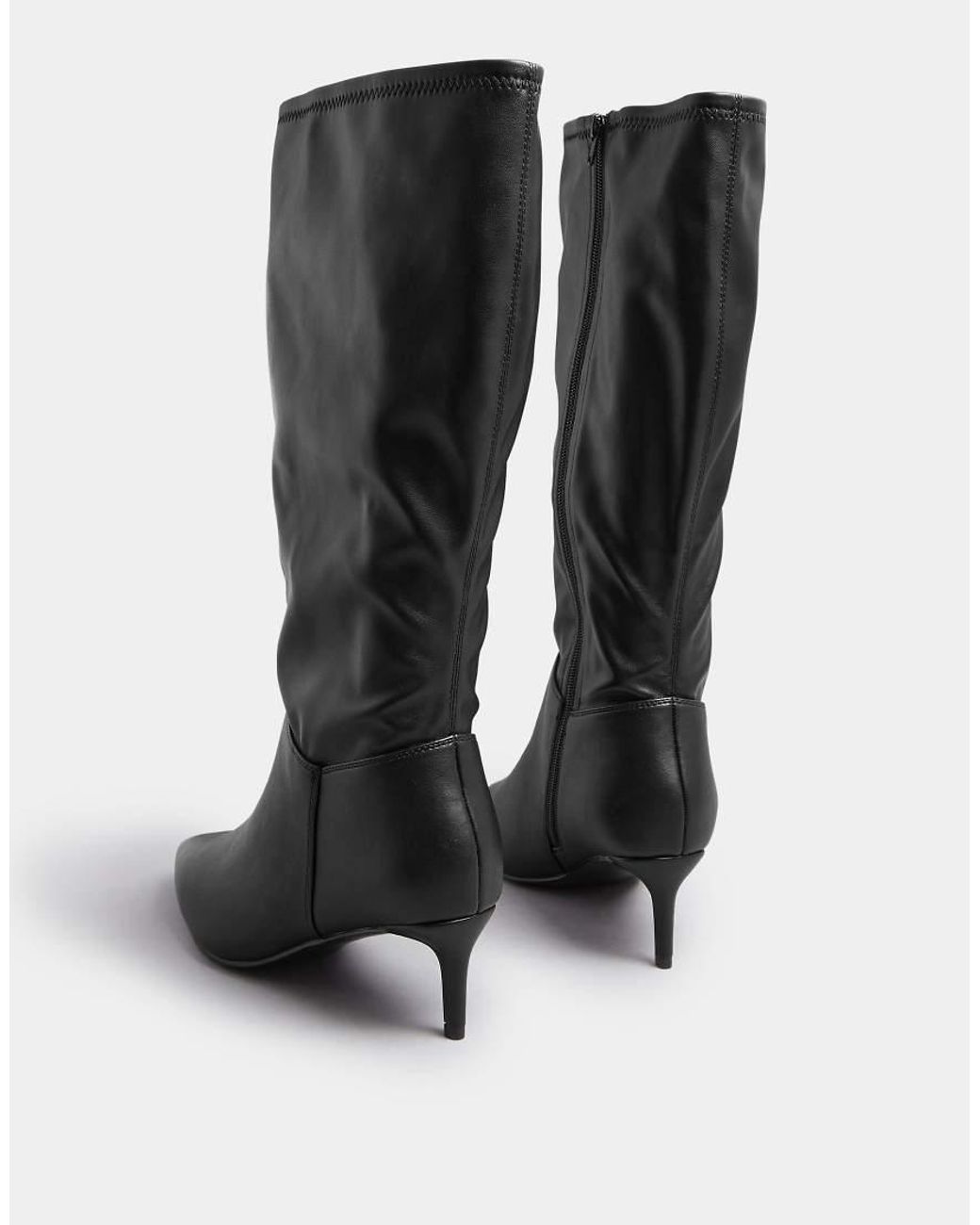 Yours Clothing Black Faux Leather Pointed Kitten Heel Boots