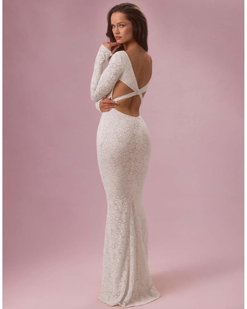 Oh Polly Pink Premium Stretch Lace Square Neck Open Tie Back Maxi Dress