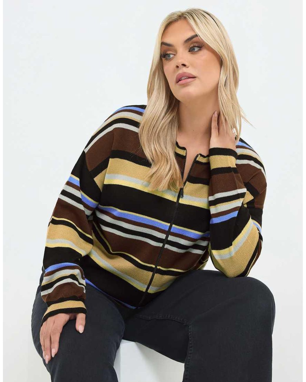 Yours Clothing Black Stripe Zip Through Cardigan