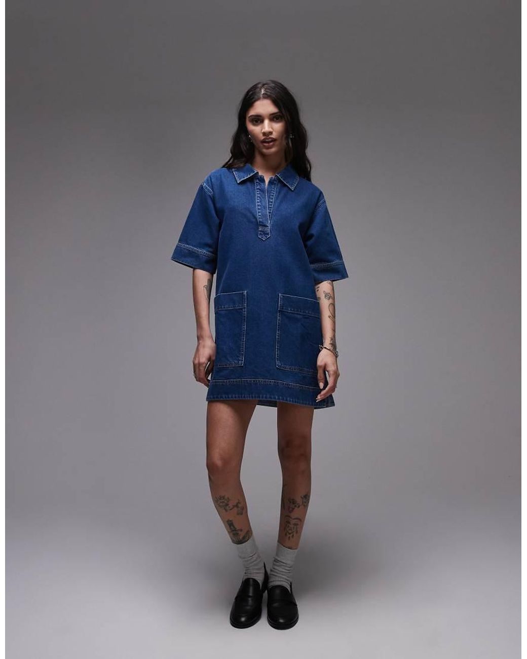 TOPSHOP Blue Denim Mini Pullover Short Sleeved Rugby Dress Mid