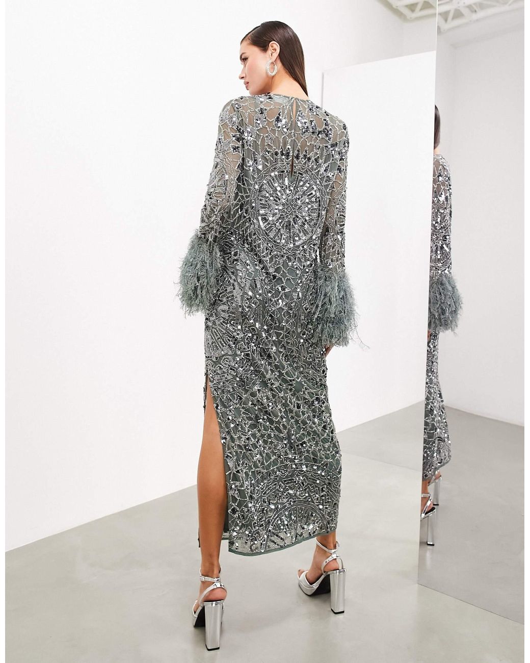 fitted lace wedding dress Navy One Shoulder Faux Feather Sequin Slit Maxi Dress – Aquarius Brand