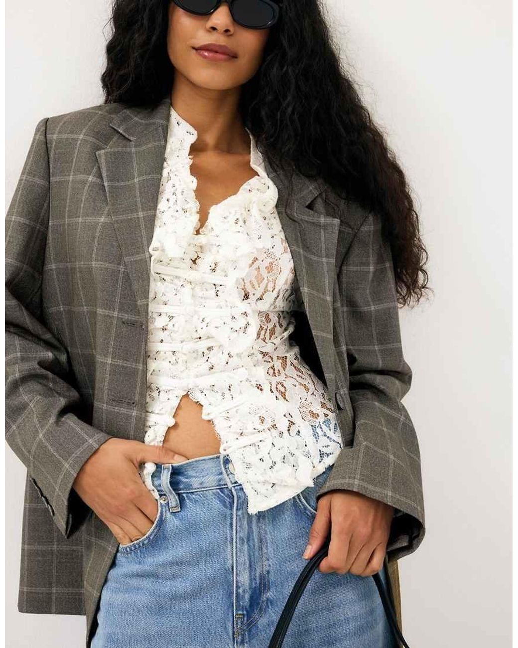NA-KD Gray Alex Maxi Oversized Checked Blazer