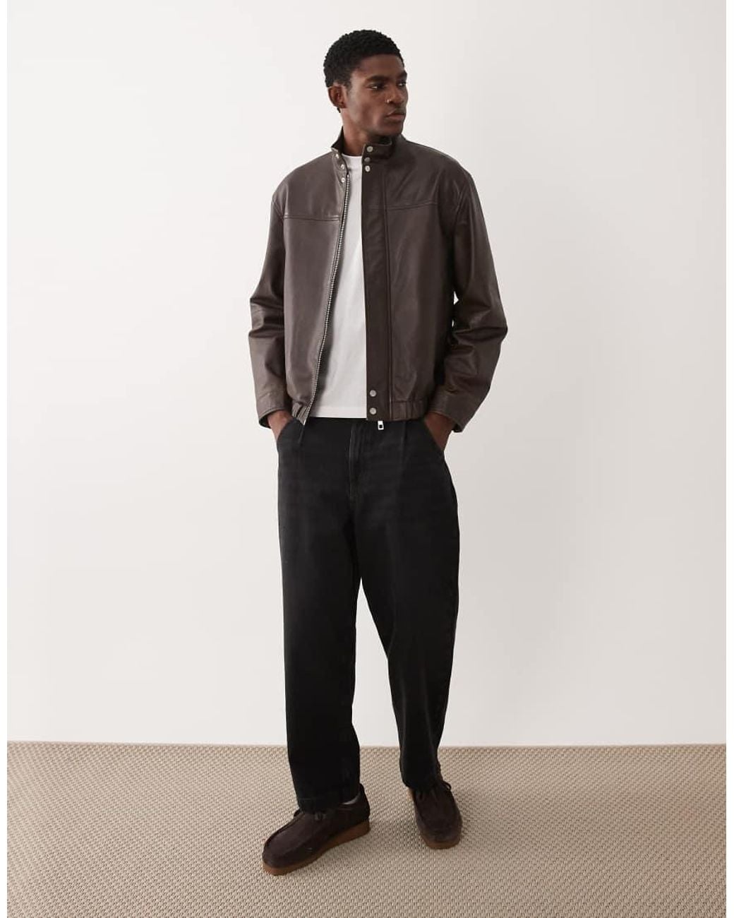 ASOS Brown Real Leather Oversized Bomber Jacket for men