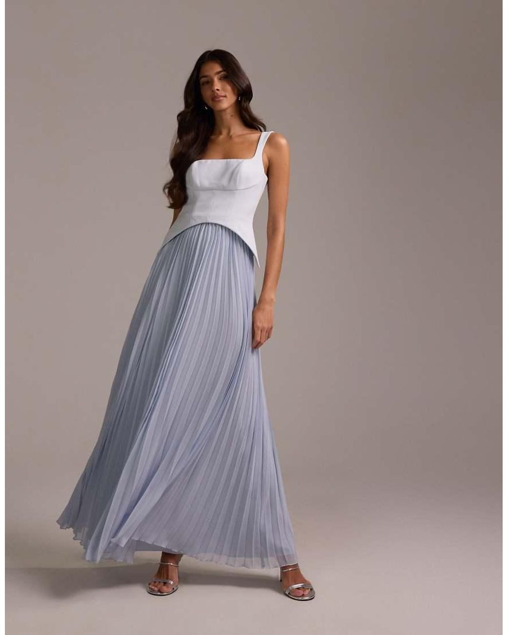 ASOS Brown Bridesmaids Hybrid Maxi Dress With Pleated Full Skirt