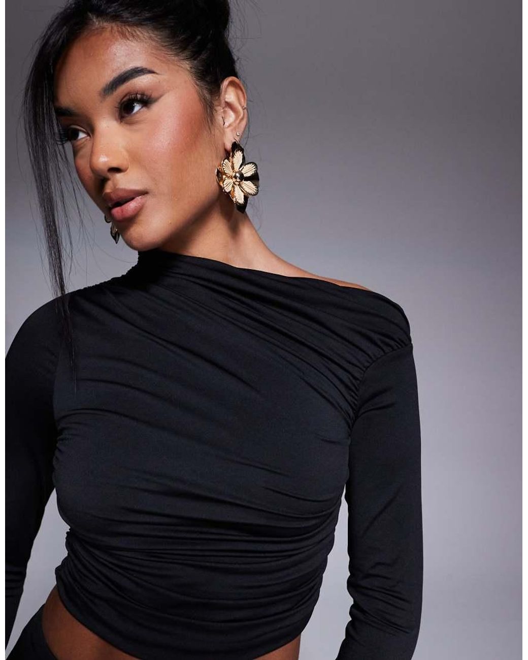 Aria Cove Black Slinky Off Shoulder Long Sleeve Cropped Top Co-Ord