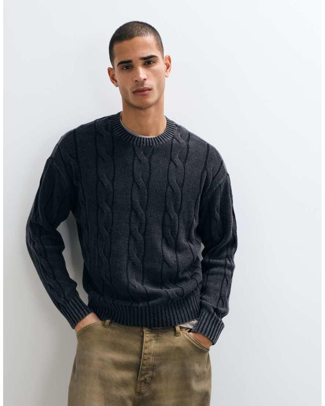 Hollister Blue Knitted Cable Knit Jumper for men