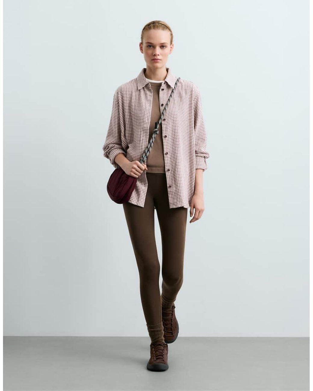 Oysho Brown Checked Cotton Shirt With Long Sleeve