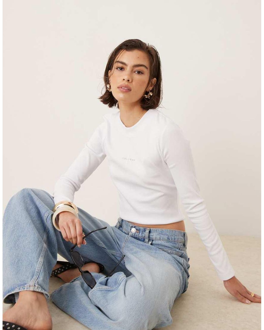 Calvin Klein White Monogram Logo Long Sleeve Top