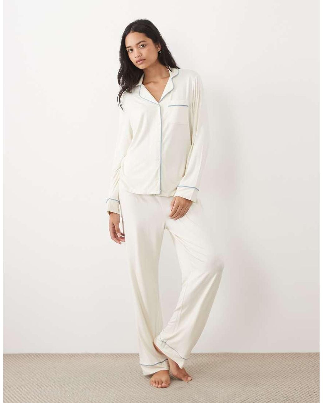 ASOS White Super Soft Long Sleeve Shirt And Trouser Pyjama Set