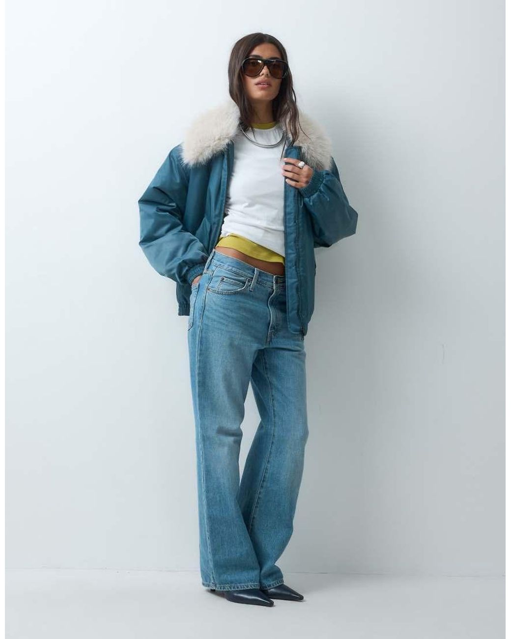 ASOS Blue Ma1 Bomber Jacket With Natural Faux Fur Trim