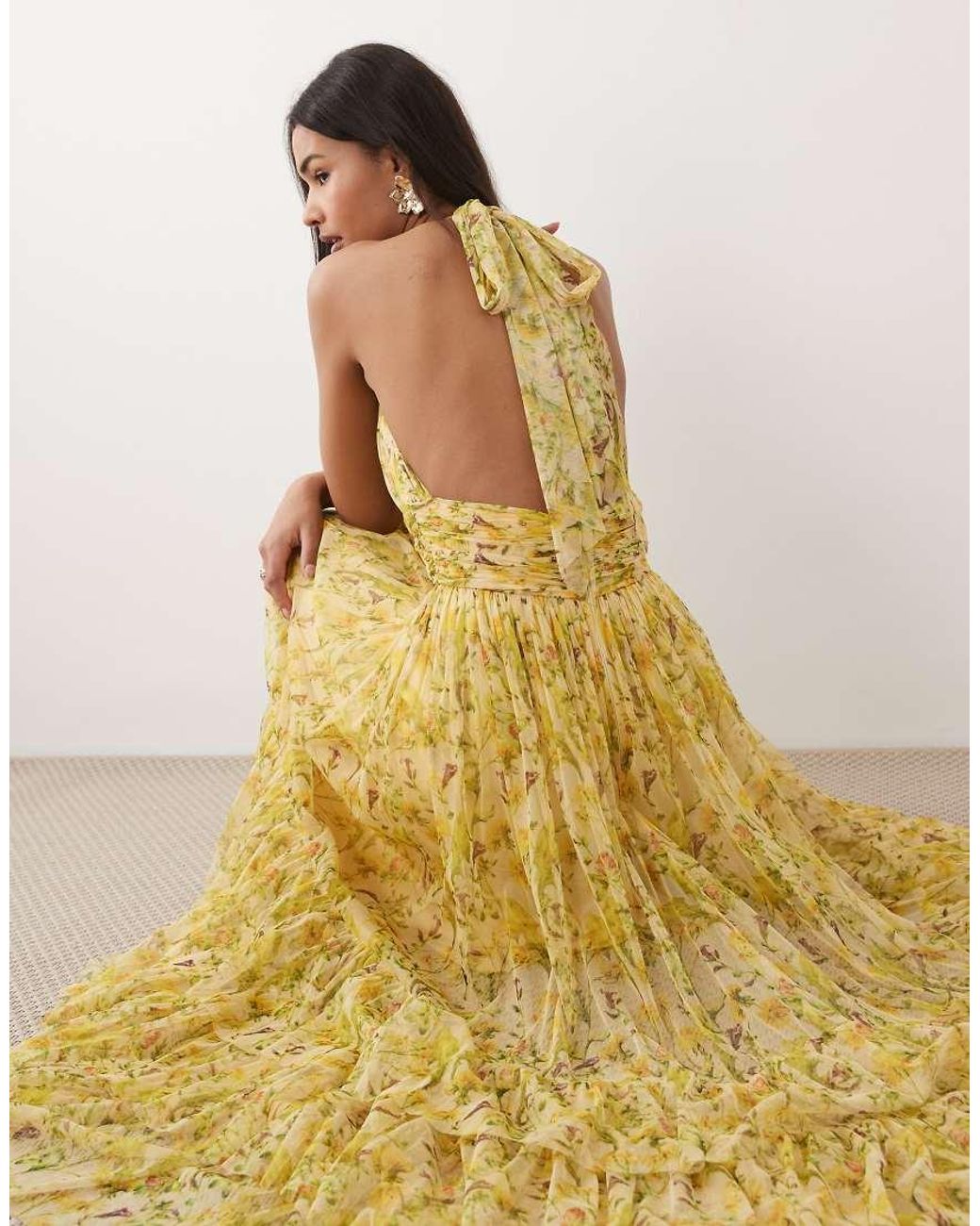 LACE & BEADS Metallic Halterneck Tiered Tulle Maxi Dress