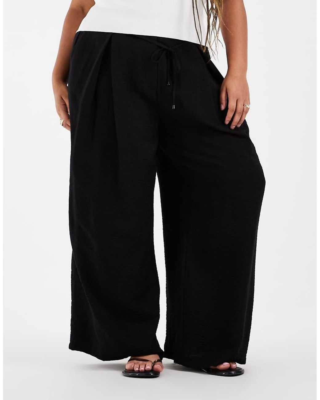 ASOS Black Asos Design Curve Textured Wide Leg Trousers With Tie Waist