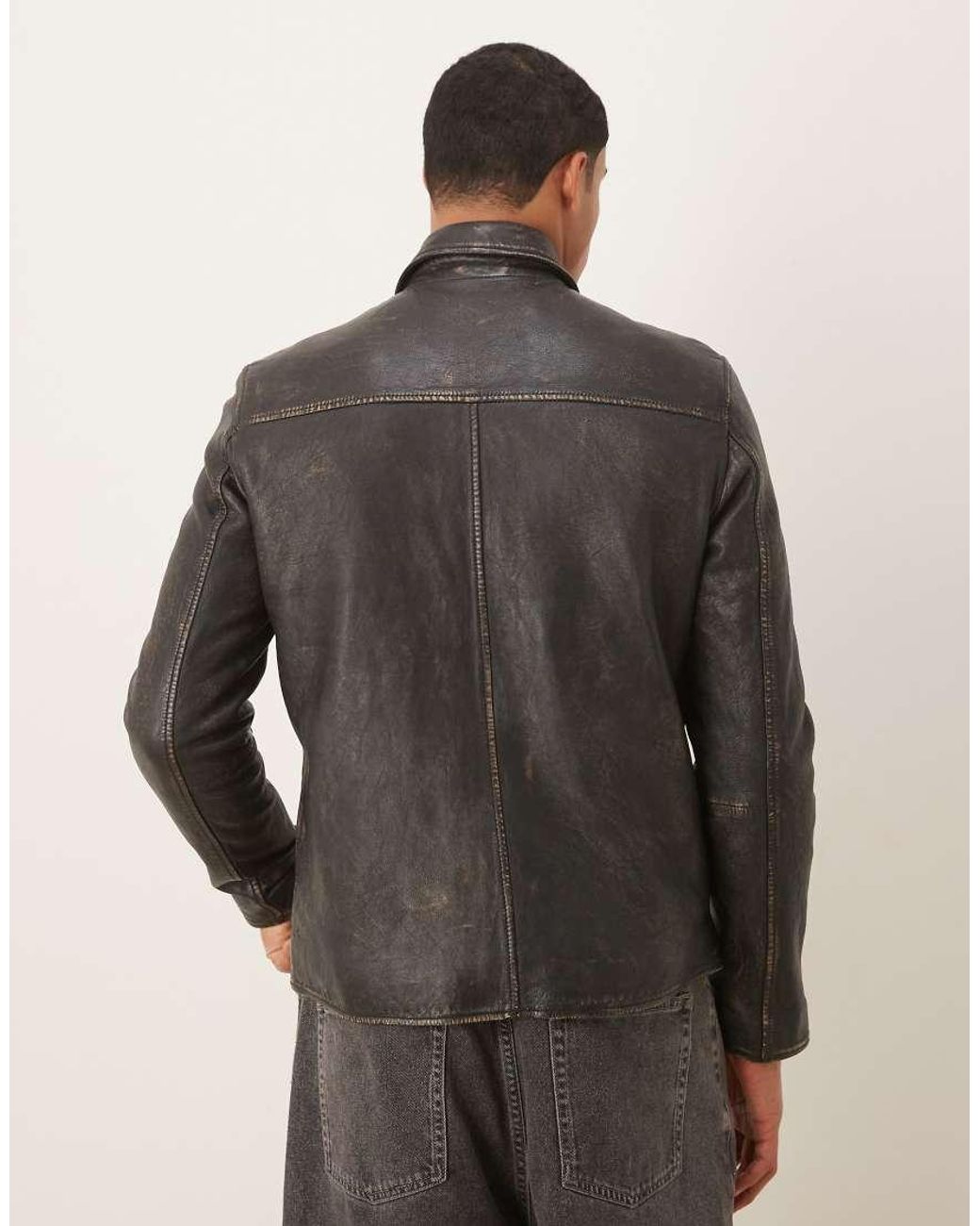 Barney's Originals Gray Real Leather Washed Harrington for men