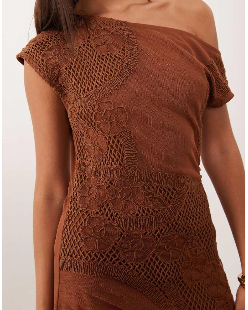 ASOS Brown Embroidered Mesh Off Shoulder Maxi Dress With Sheer Godet Detailing