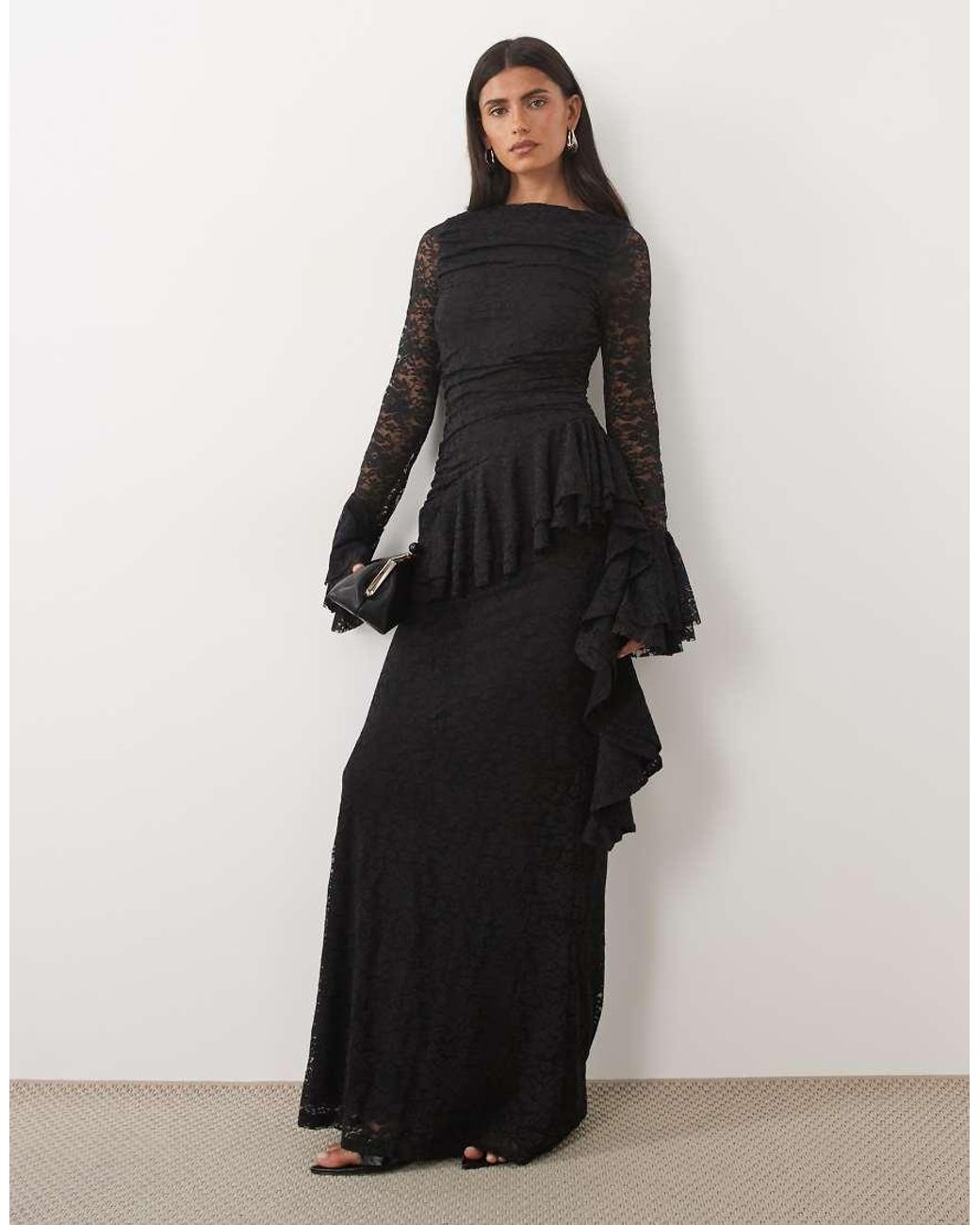 ASOS Black Lace Maxi Dress With Ruching And Frill Details