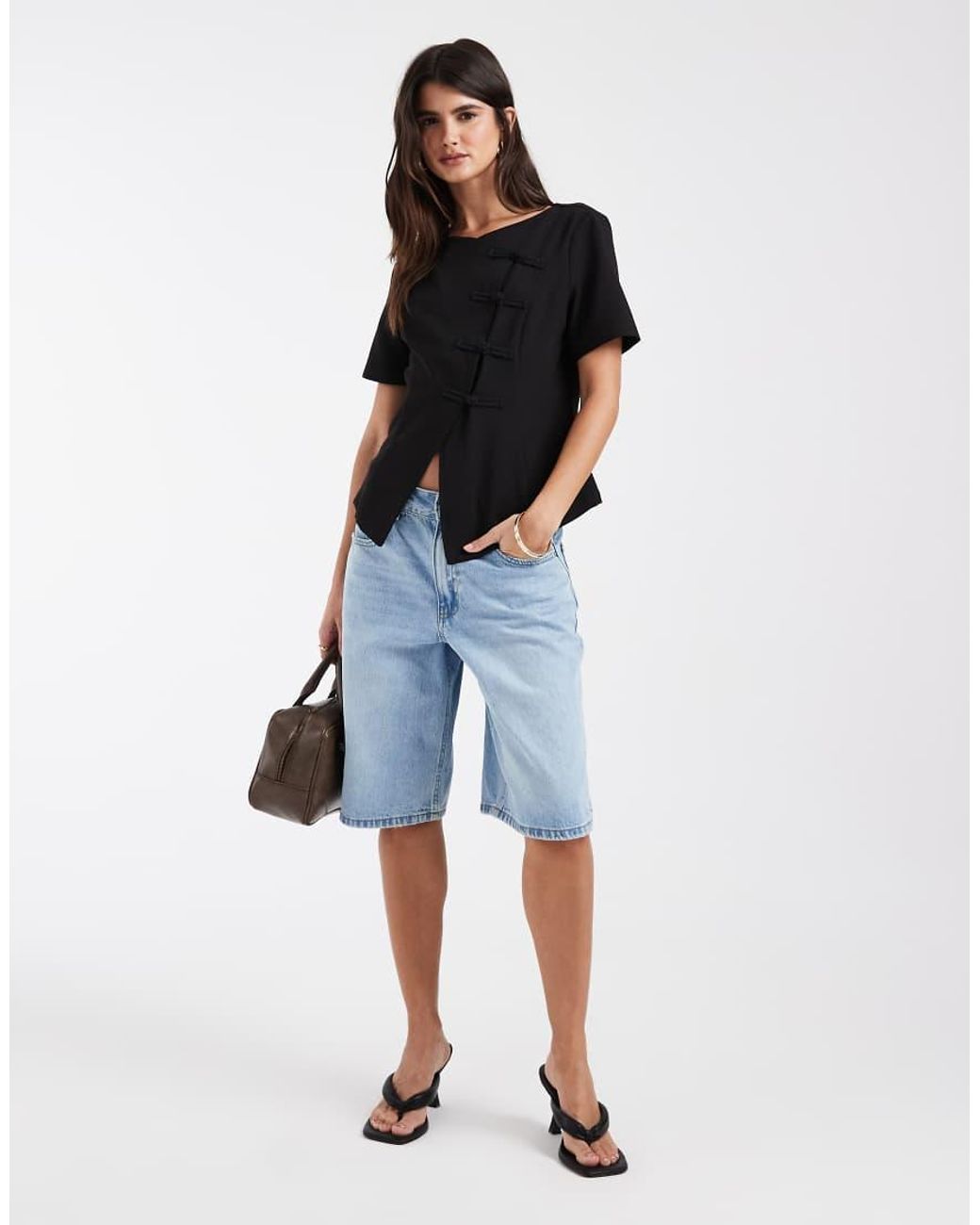 Vero Moda Black Asymmetric Hem Woven Top With Mandarin- Style Fastening