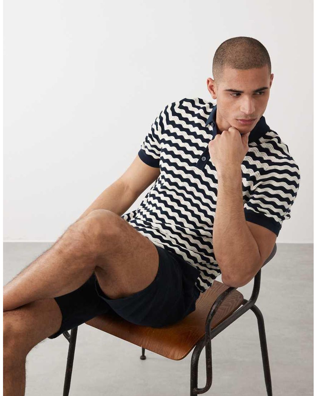 Threadbare Blue Short Sleeve Knitted Polo Top With Zig Zag Print for men