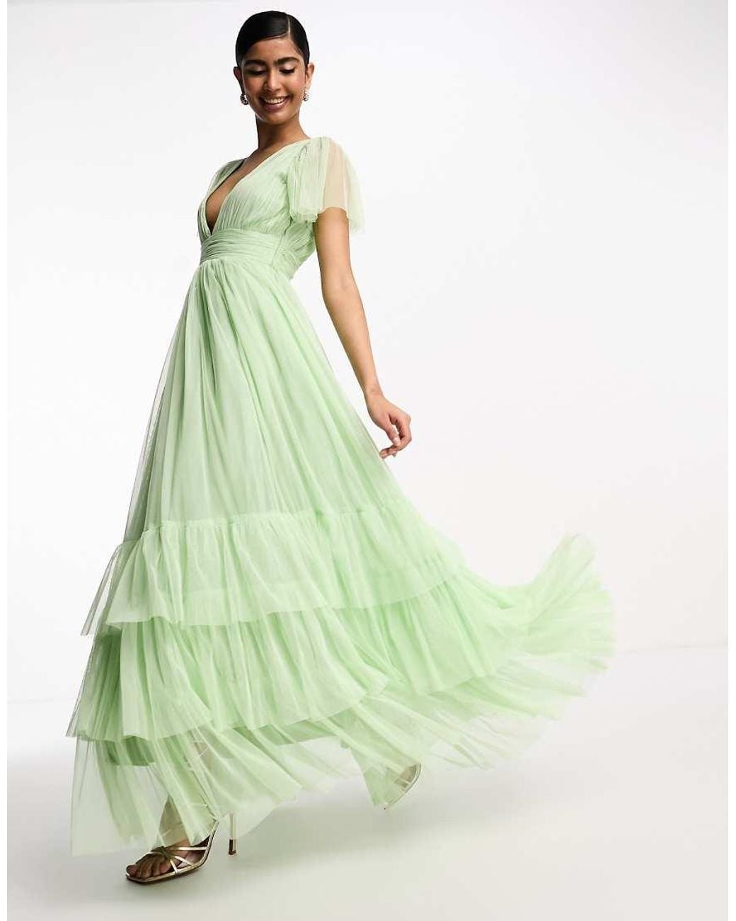 LACE & BEADS Green Bridesmaid Madison V Neck Tulle Maxi Dress