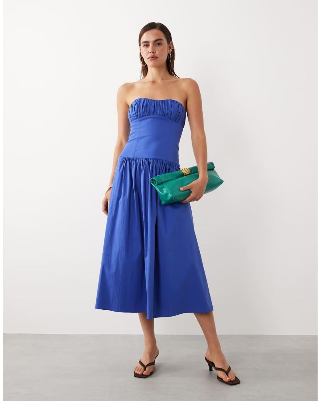 Mango Blue Starring Hailey Bieber Structured Off Shoulder Drop Waist Maxi Dress