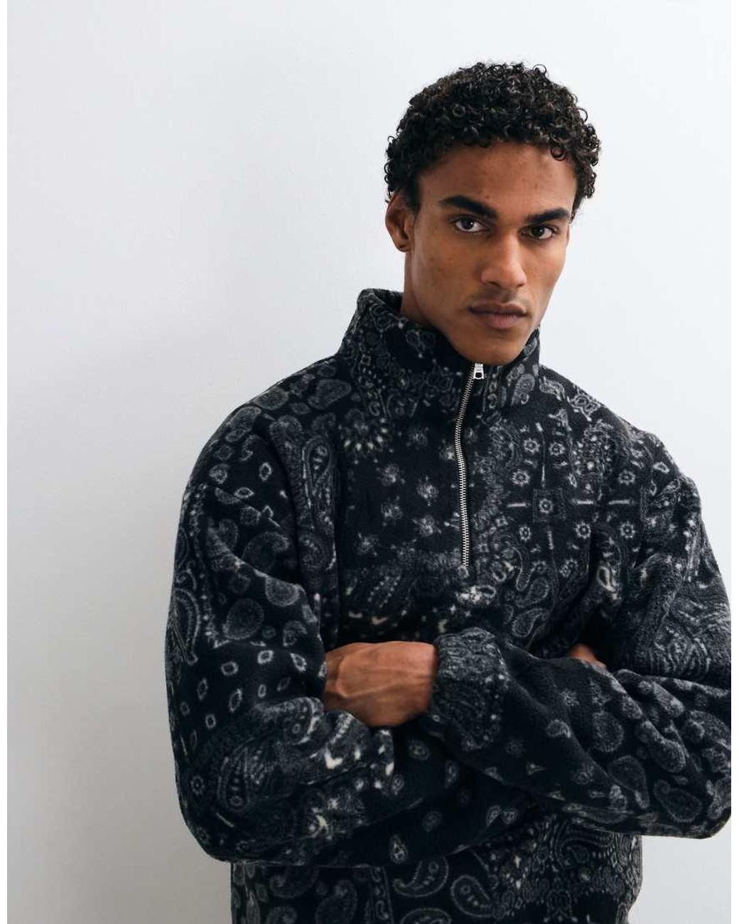 ASOS Blue Oversized Quarter Zip Fleece With Paisley Print for men