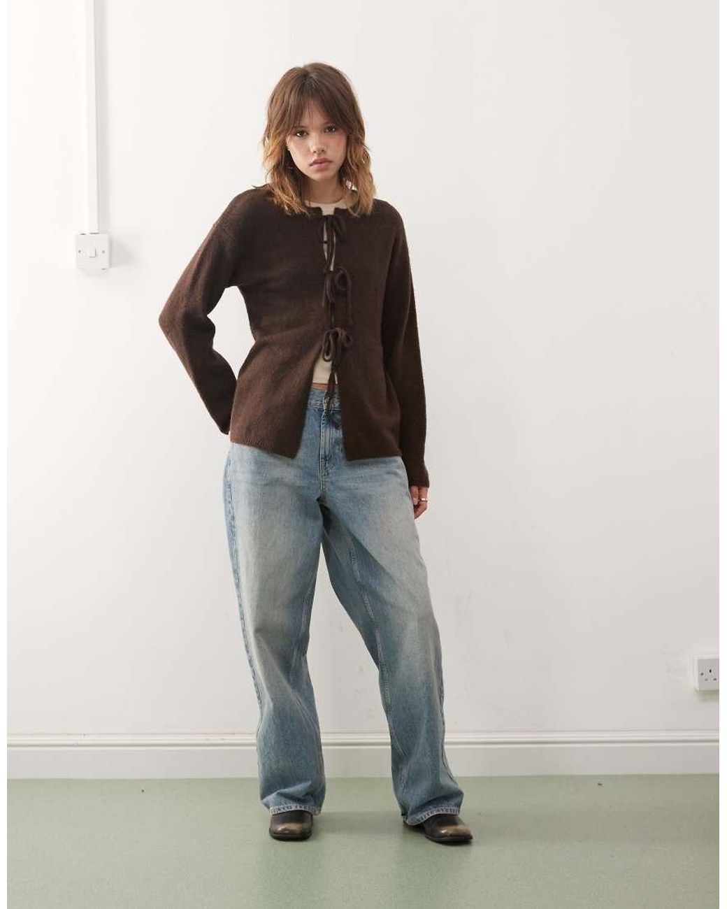 Monki Brown Knit Bow Tie Up Cardigan