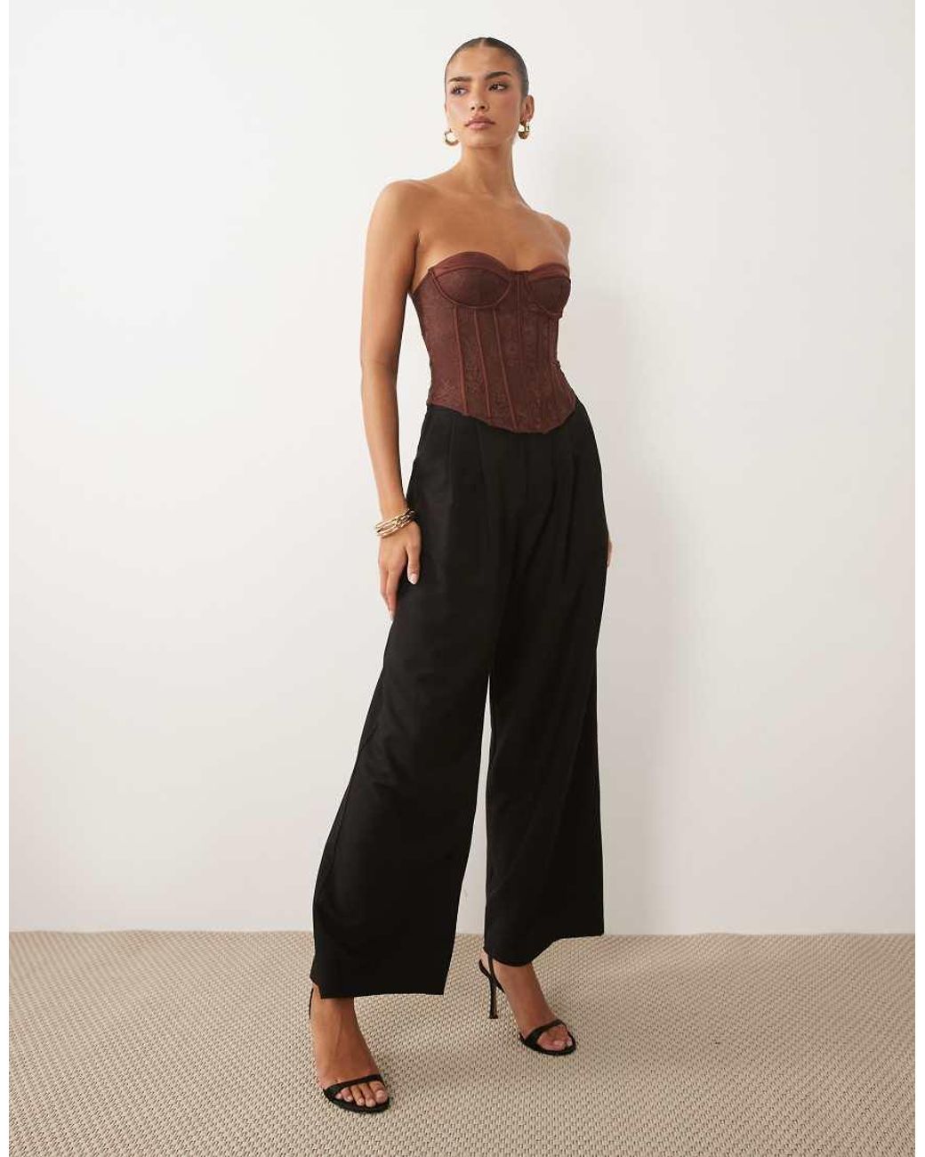 ASOS Brown Lace Mix Detailing Corset Top With Boning