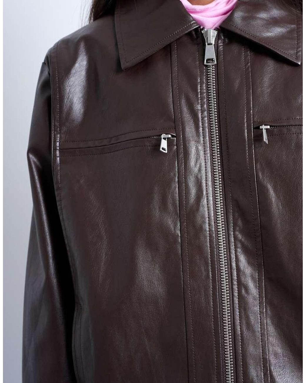 TOPSHOP Brown Faux Leather Clean Zip Through Jacket
