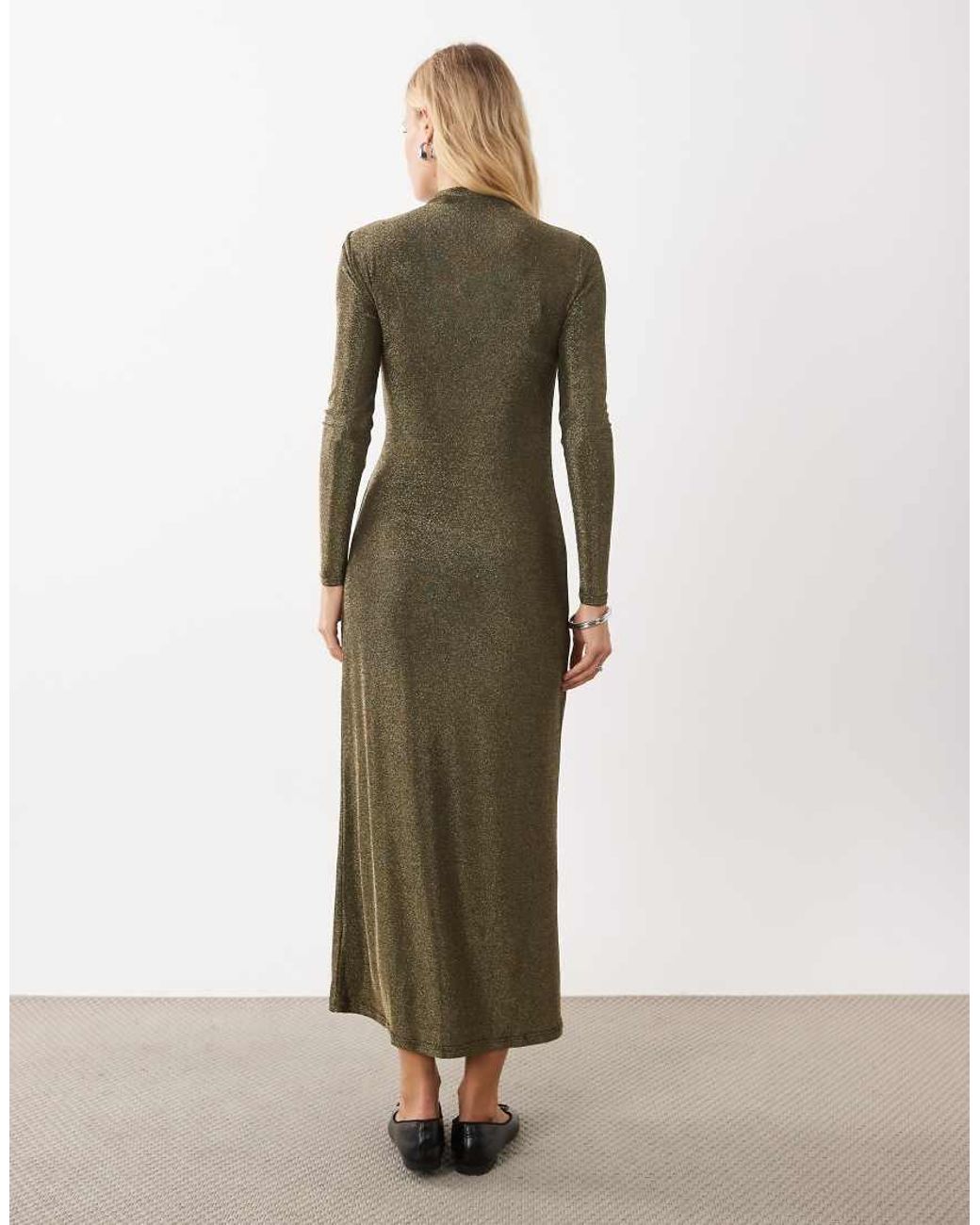 Threadbare Green Draped Long Sleeve Midi Dress With Knot Detail