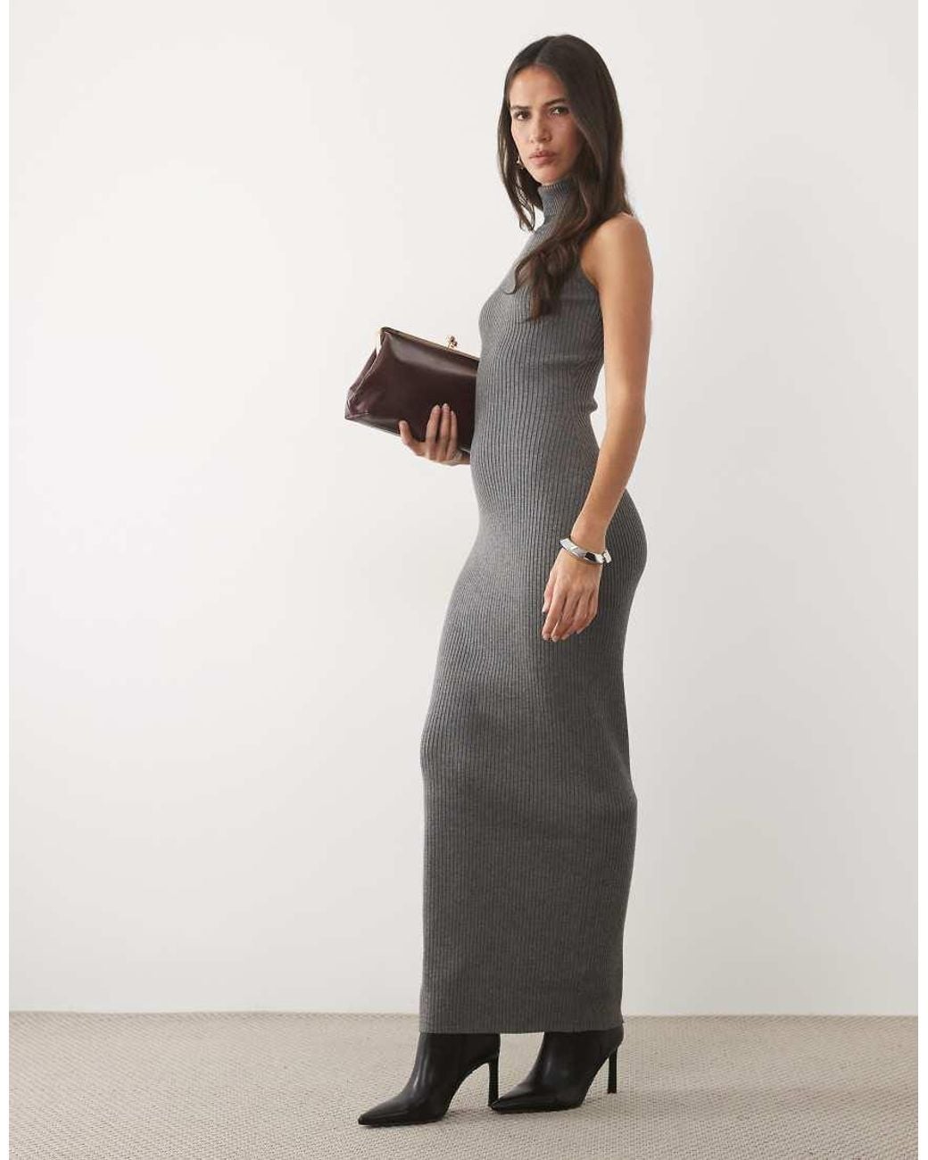 Kaiia Gray Exclusive High Neck Sleeveless Ribbed Knit Maxi Dress