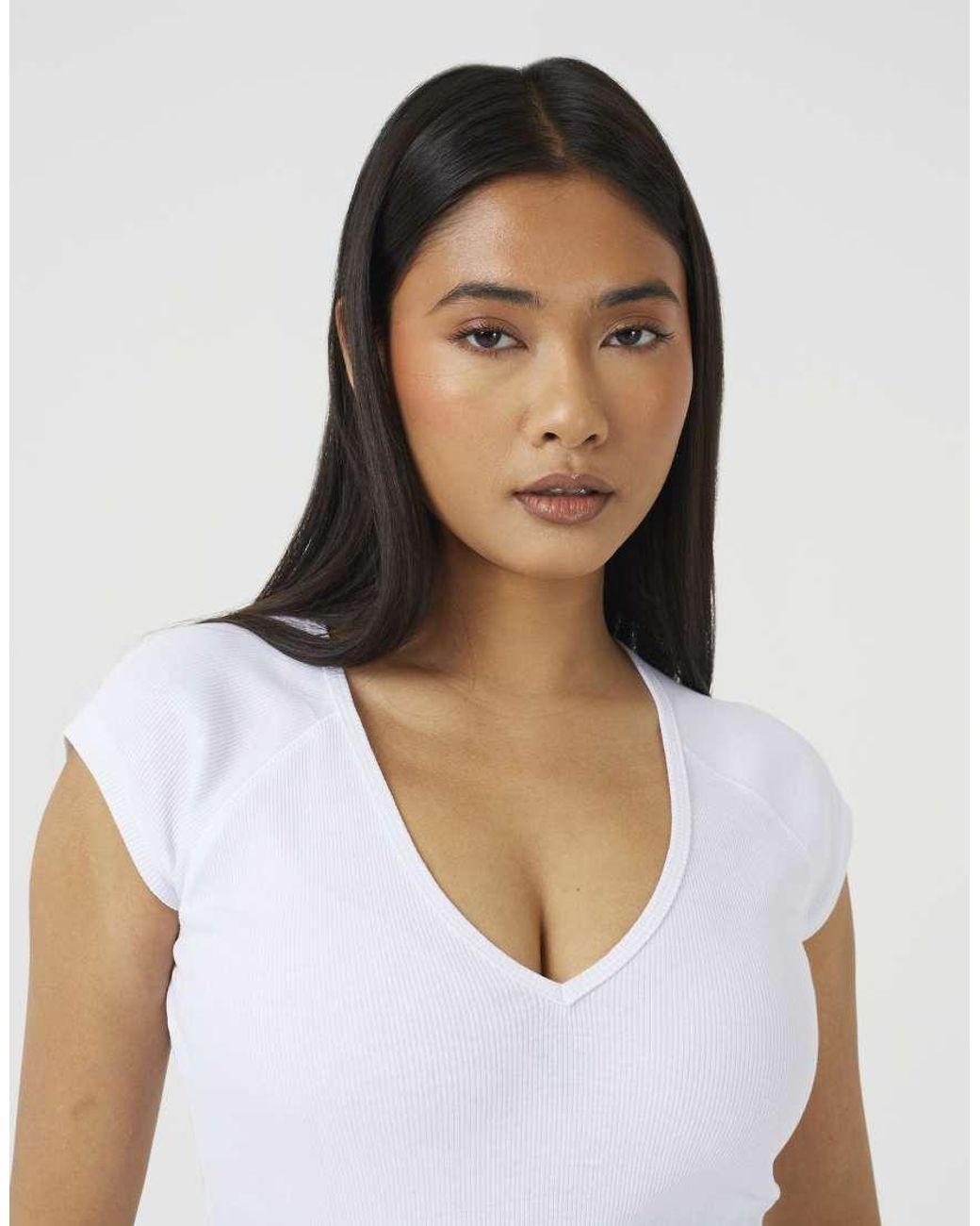 Brave Soul White Cap Sleeve V-Neck Fitted T-Shirt