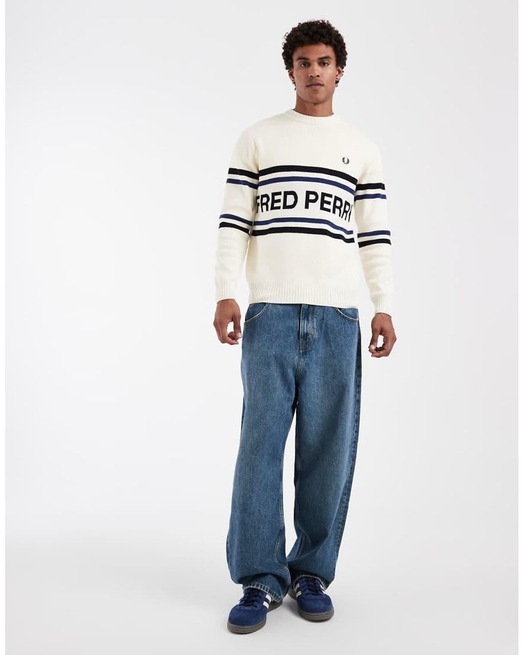 Fred Perry White Stripe Logo Graphic Knit Jumper for men