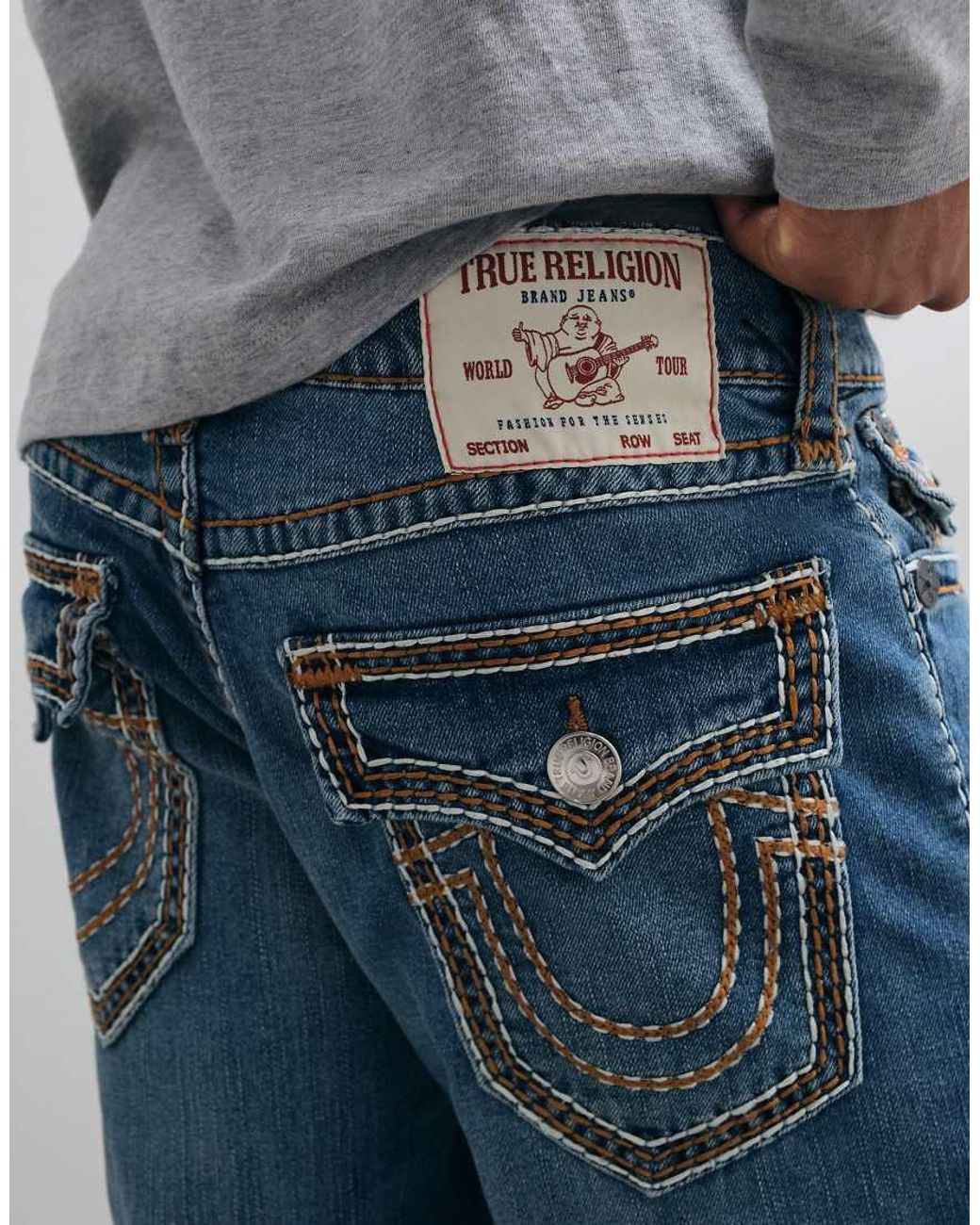 True Religion Gray Ricky Straight Fit Ropestitch Flap Pocket Denim Jeans for men