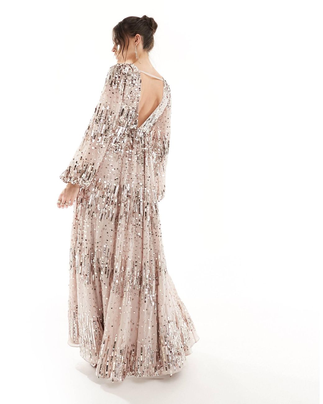 ASOS Us Exclusive Embellished Scatter Sequin Plunge Maxi Dress With Balloon Sleeve in Natural Lyst